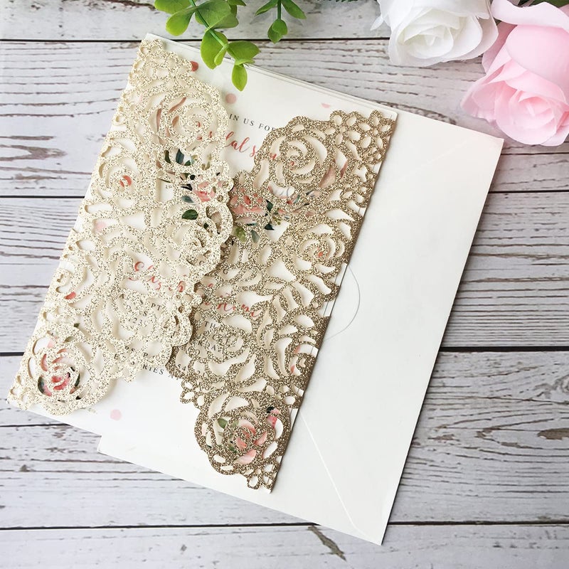 KUCHYNEE دعوات زفاف ذهبية 20 قطعة 5.12 x 7.28'' مع رباط بورجوندي مقصوص بالليزر على شكل زهور وردية لحفل الزفاف والدعوات (بريق ذهبي) - Image 4